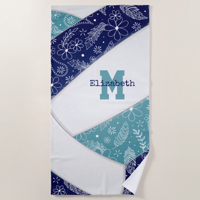 Marineblau aquamarine künstlerische Boho Doodle Gi Strandtuch (Vorderseite)