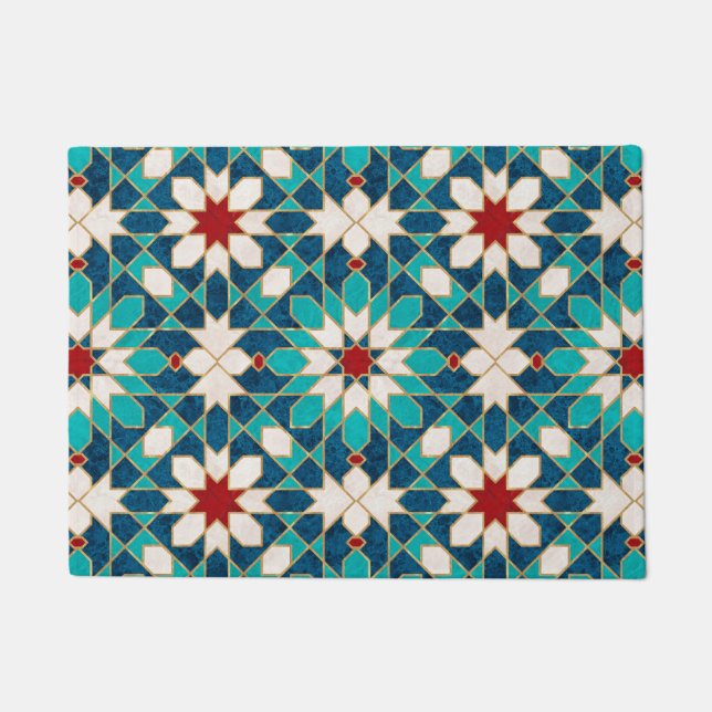 Marineblau Aquamariner weißer Marmor marokkanische Fußmatte (Vorderseite)