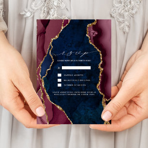 Marineblau, Burgund & Gold Achat Hochzeits-RSVP-Ei Einladung