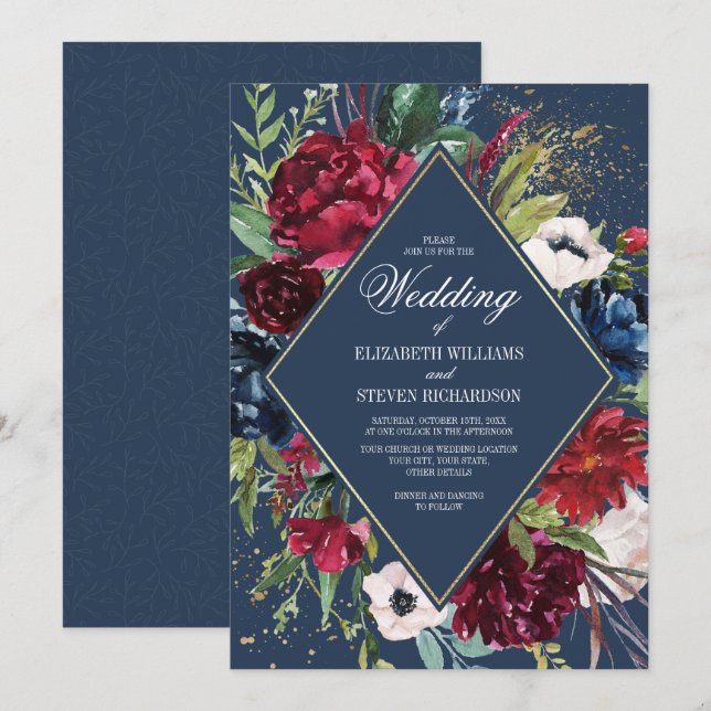 Marineblau | Burgundy Bloom Geometric Wedding Einladung (Vorne/Hinten)