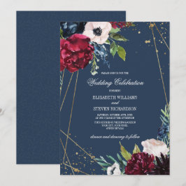 Marineblau | Burgundy Bloom Geometric Wedding Einladung
