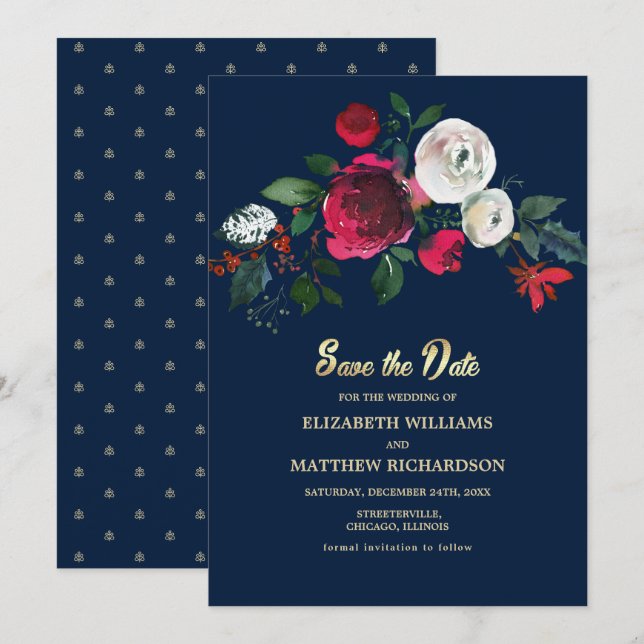 Marineblau | Burgundy Bloom Wedding Save the Date Einladung (Vorne/Hinten)