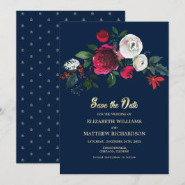 Marineblau | Burgundy Bloom Wedding Save the Date Einladung