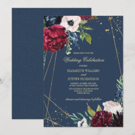 Marineblau | Burgundy Floral Geometric Wedding Einladung