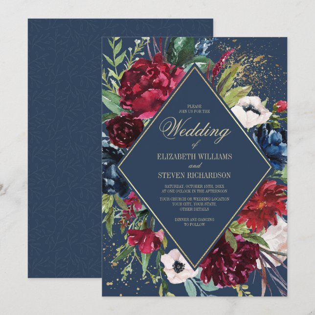 Marineblau | Burgundy Floral Geometric Wedding Einladung (Vorne/Hinten)