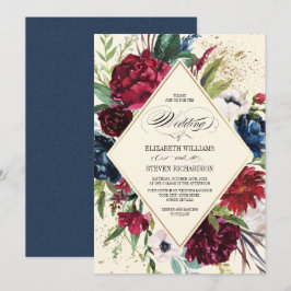 Marineblau | Burgundy Floral Geometric Wedding Einladung