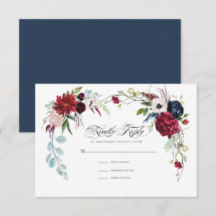 Marineblau   Burgundy Floral Wedding RSVP Card Einladung