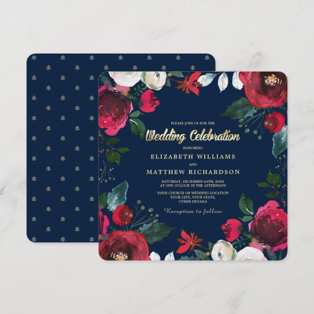Marineblau | Burgundy Red Bloom Wedding Einladung (Vorne/Hinten)