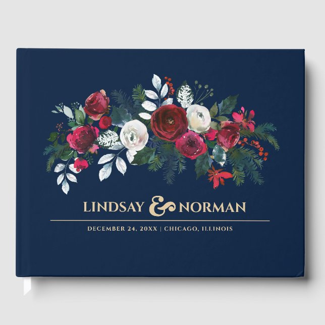 Marineblau | Burgundy Red Bloom Wedding Guest Book Gästebuch (Vorderseite)