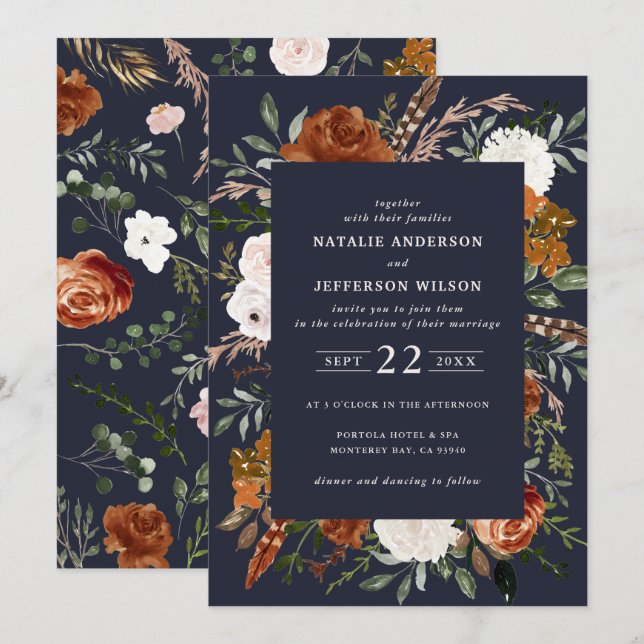 Marineblau floral rustikal elegant modern einladung (Vorne/Hinten)