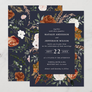 Marineblau floral rustikal elegant modern einladung