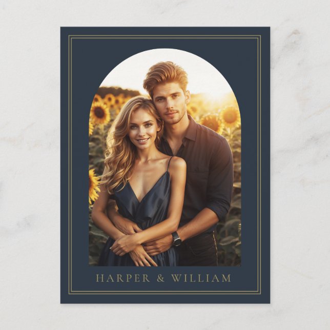 Marineblau-Foto Save the Date Postkarte (Vorderseite)