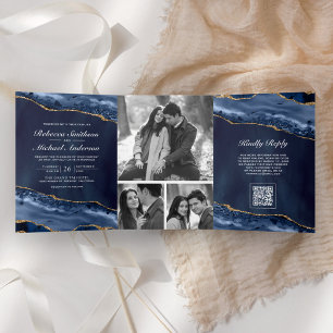 Marineblau-Gold-Achat-Fotocollage-QR-Code-Hochzeit Dreifach Gefaltete Einladung