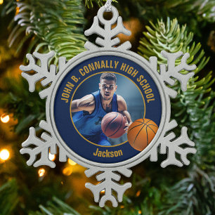 Marineblau-Gold-Basketballspieler-Foto Schneeflocken Zinn-Ornament