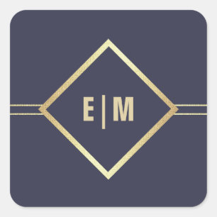 Marineblau   Gold Custom Monogram Wedding Quadratischer Aufkleber