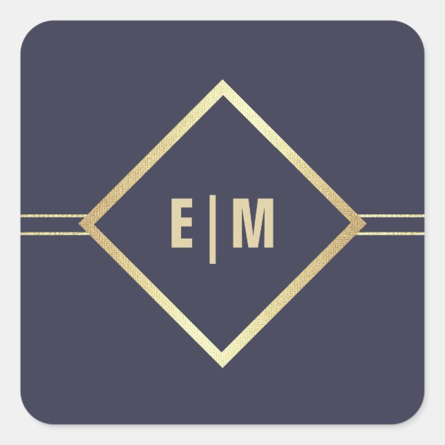 Marineblau | Gold Custom Monogram Wedding Quadratischer Aufkleber (Vorderseite)