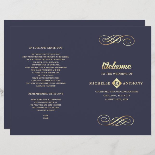 Marineblau | Gold Elegant Folded Wedding Program (Vorne/Hinten)