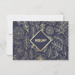 Marineblau | Gold Floral Muster Wedding RSVP Card