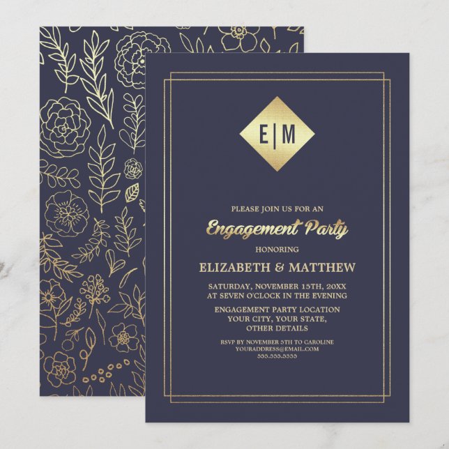 Marineblau | Gold Floral Pattern Engagement Party Einladung (Vorne/Hinten)