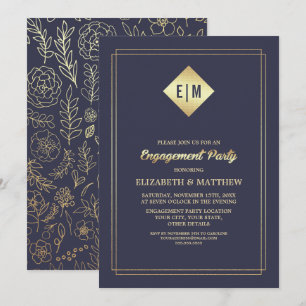 Marineblau Gold Floral Pattern Engagement Party Einladung