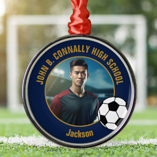 Marineblau Gold Fußballspieler Foto Weihnachten Ornament Aus Metall
