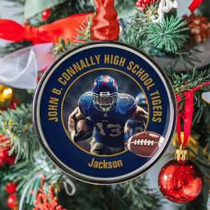 Marineblau Gold Fußballspieler Foto Weihnachten Ornament Aus Metall