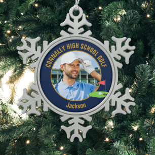Marineblau Gold Golfer Foto High School Golfteam Schneeflocken Zinn-Ornament