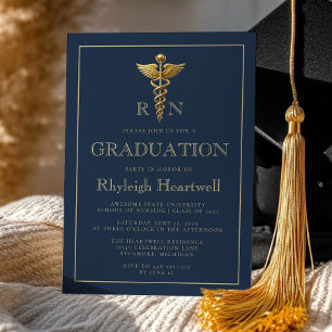 Marineblau-Gold-Krankenschwester-RN-Abschlussfeier Einladung