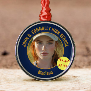 Marineblau Gold Softball-Spielerin-Foto Weihnachte Ornament Aus Metall
