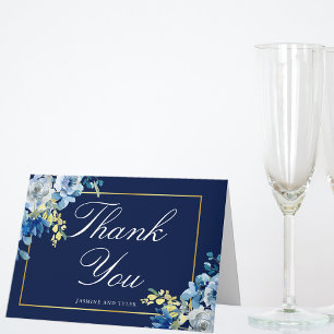 Marineblau-goldene Blumeneleganz weißer Schriftzug Dankeskarte