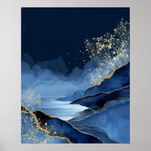 Marineblau-goldene moderne abstrakte Landschaftswa Poster