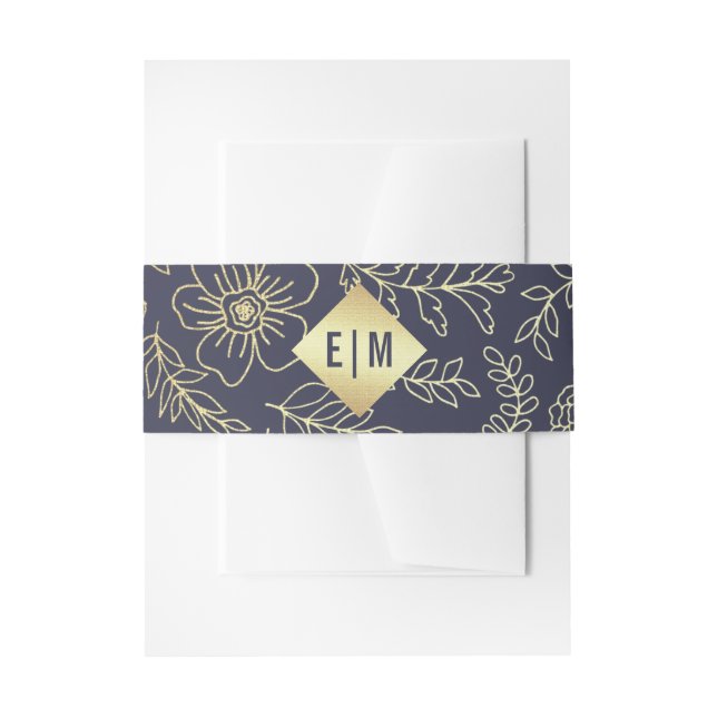 Marineblau | Goldflorale Hochzeit Einladungsbanderole (Vorderseite Beispiel)