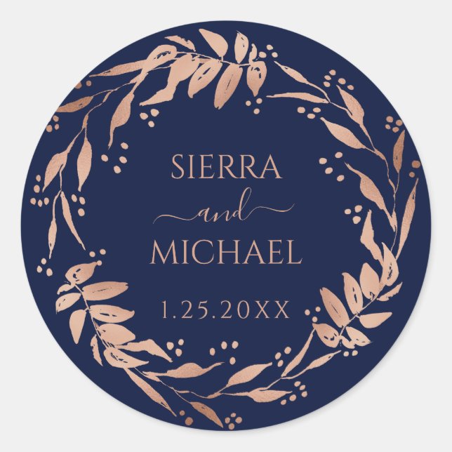 Marineblau | Hochzeit von Gold-Foliage-Rose Runder Aufkleber (Vorderseite)