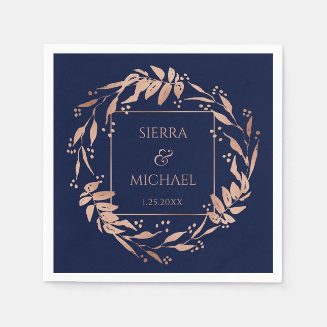 Marineblau | Hochzeit von Gold-Foliage-Rose Serviette (Vorderseite)