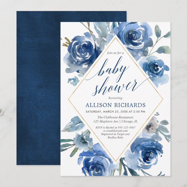 Marineblau-Indigo-Aquarellblumenjungen-Babyparty Einladung (Vorne/Hinten)