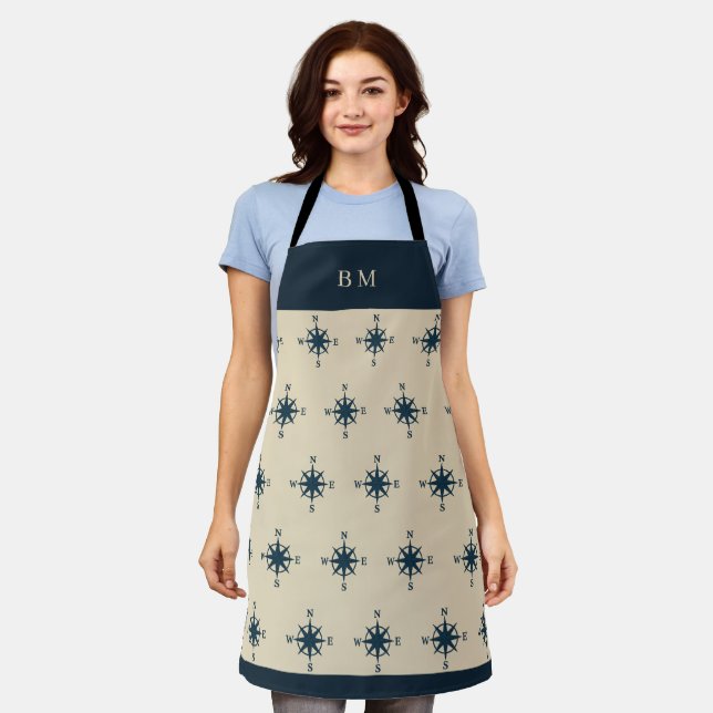 Marineblau-Kompass und Monogram-Zuhause an der Bei Schürze (Getragen)