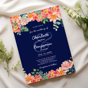 Marineblau-Koralle pink Botanische Hochzeit Einladung