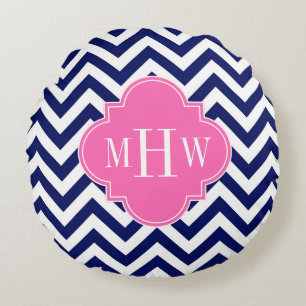 Marineblau Lg Chevron Heißrosa #2 Quatrefoil 3 Mon Rundes Kissen