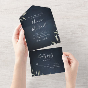 Marineblau minimalgrüne rustikale Hochzeit All In One Einladung