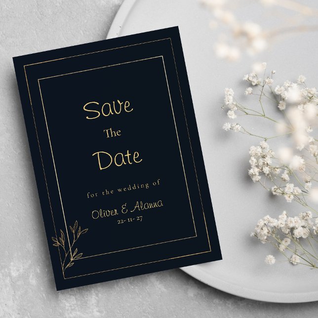 Marineblau, minimalistisch, blumenreich Save the D Einladung (Navy blue gold minimalist floral Save The Date )