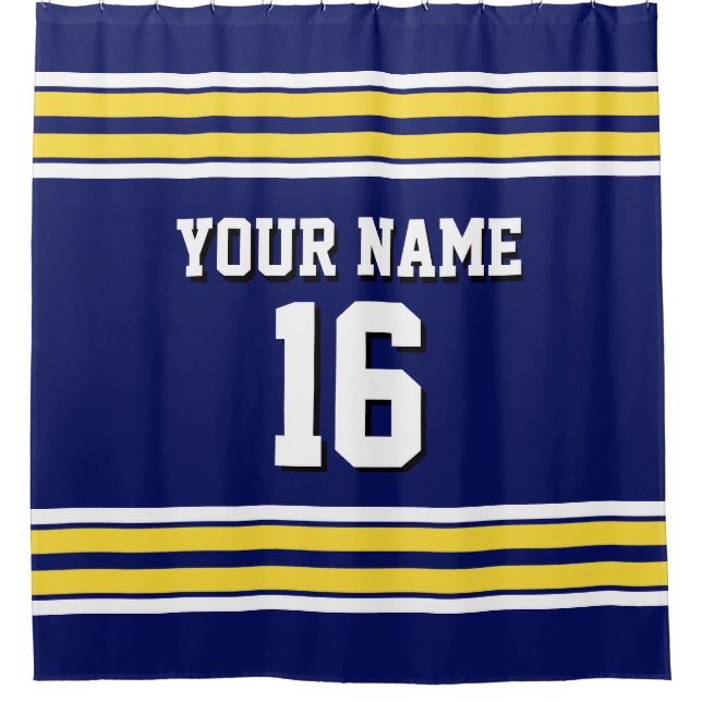 Marineblau mit gelben weißen Streifen Team Jersey Duschvorhang (Vorderseite)