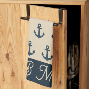 Marineblau mit Monogram Beige Küste Geschirrtuch