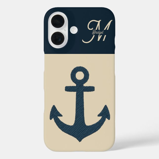 Marineblau mit Monogram Beige Küste iPhone 16 Hülle (Rückseite)