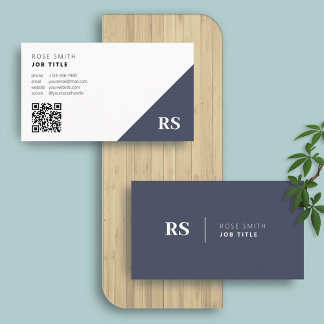 Marineblau | Monogram Stylish QR Code Visitenkarte