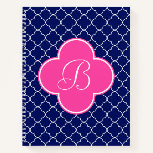 Marineblau-Rosa und Weiß Quatrefoil Monogramm Notizbuch