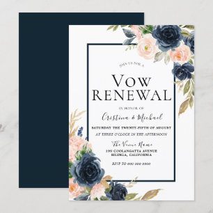 Marineblau & Rosafarbenes Florales Elegantes Gelüb Einladung