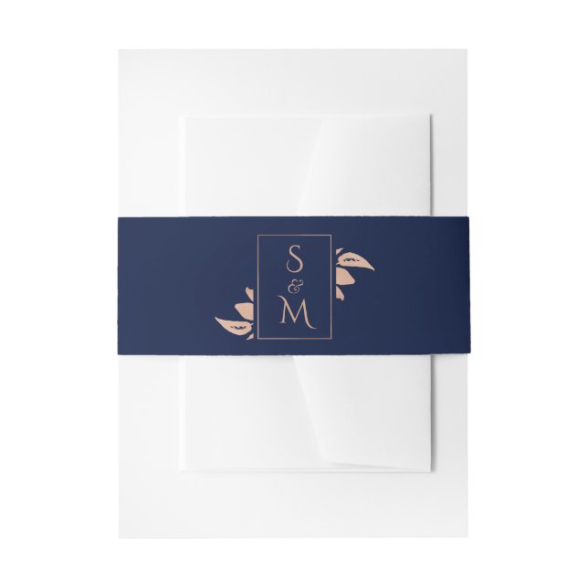 Marineblau | Rose Gold Foliage Wedding Einladungsbanderole (Vorderseite Beispiel)