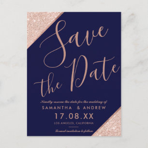 Marineblau RosengoldGlitterskript Save the Date Ankündigungspostkarte
