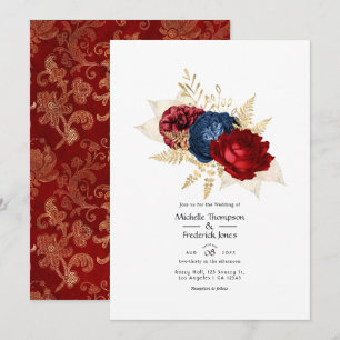 Marineblau, Rot und Gold Florale Hochzeit Einladung