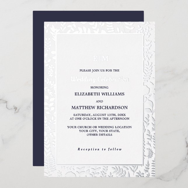 Marineblau | Silver Elegant Luxury Wedding Folieneinladung (Vorderseite/Rückseite)